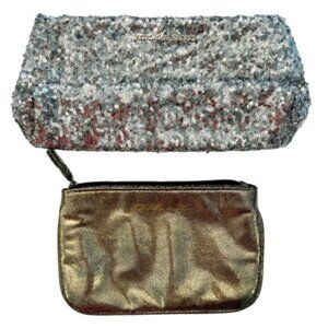 Victorias Secret SILVER Sequin Clutch Makeup Evening Bag Purse GOLD Zip Pebble